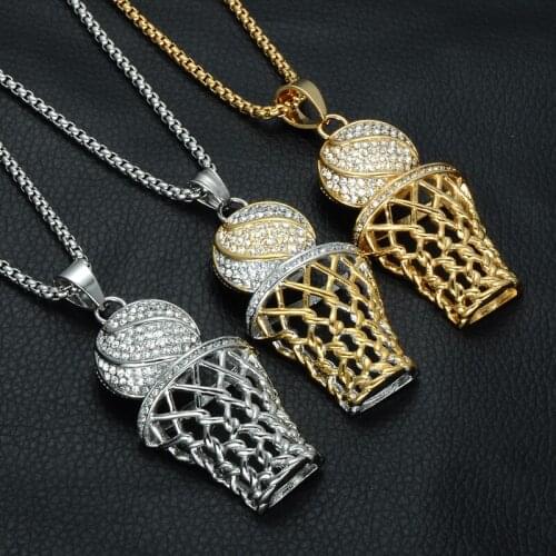 10pcs)Beichong Fashion Iced Out Bling Full Rhinestone Basketball Men Pendants 2 Color Stainless Steel Sports Necklace Jewelry