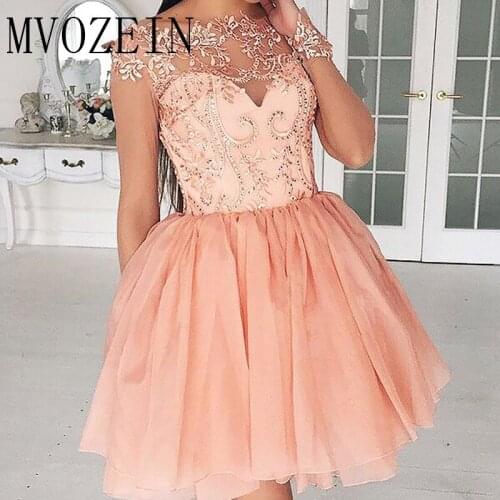 2019 Blush Homecoming Dress A-Line Jewel Neck Long Sleeves Short Prom Dresses Lace Appliques Vestido De Festa Curto