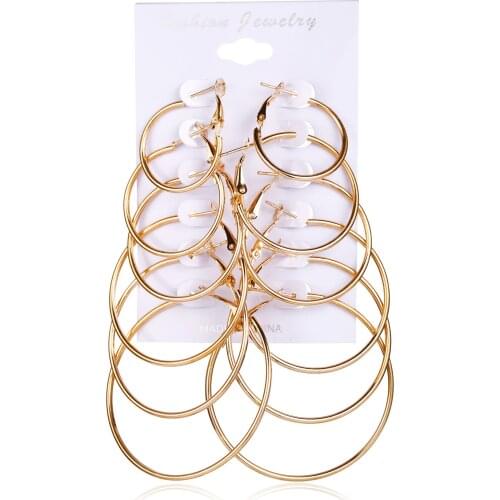 6PCS Fashion Hexagon Round Hoop Earrings Cool For Women Girls Female