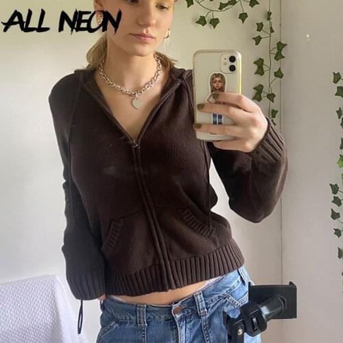 ALLNeon Y2K Fashion Basic Solid Zip Up Knitted Hoodies 90s Vintage Streetwear Big Pocket Long Sleeve Cropped Cardigans Slim Fall