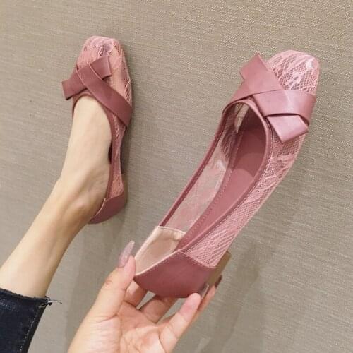 Hollow-out bow-tie slip on ballet shoes women mesh flower grain shallow loafers european square toe flats ballerina over size41