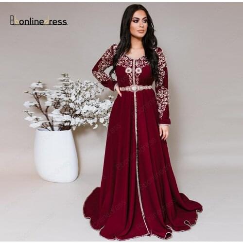Burgundy Muslim Evening Dress Golden Embroidery Women Party Wear Moroccan Kaftan Formal Party Dresses robe de soiree