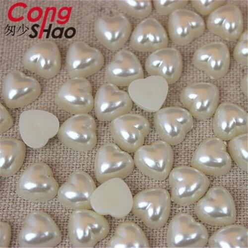 Cong Shao 300pcs 8/10 /12mm Heart Shape Cream White Pearl Flatback Rhinestone Beads Imitation Pearls DIY Phone Decoration CS210