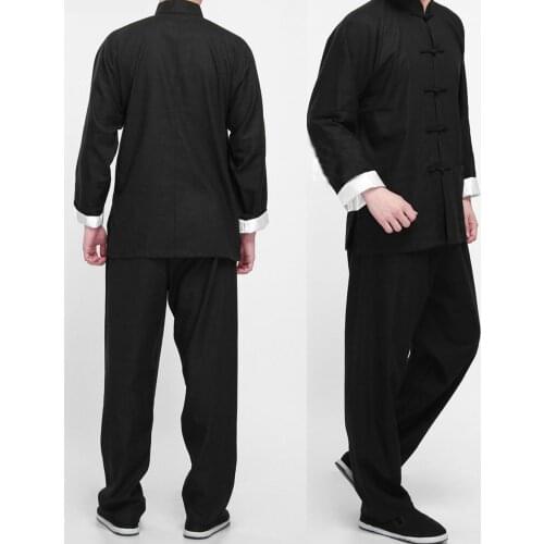 Black Martial arts Wing Chun Suit Mens Cotton Linen Wu Shu Uniform Long Sleeve Shirt & Pant Kung Fu Tai Chi Suit Plus Size 3XL