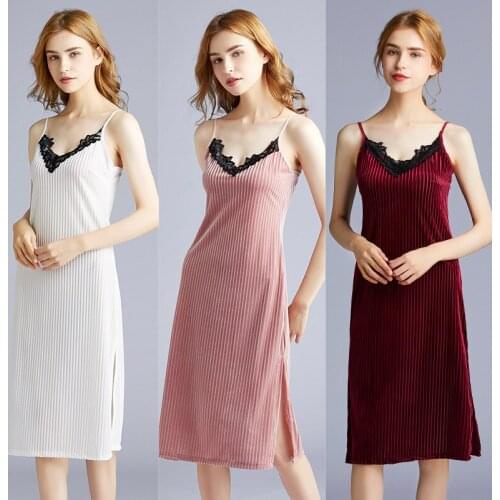Summer Gold Velvet Sexy Lace Nightdress Sleeveless Night Gown Sexy Knee-Length Mid-length-Outer Wear Sleeping Dress for Women