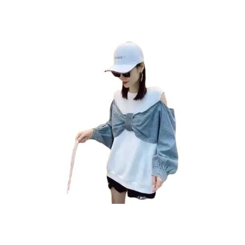 Ins Hot Women Denim Bow Sweatshirts Hollow Out Shoulder Women Pullovers Fashion Patchwork Denim Sweatshirts Woman