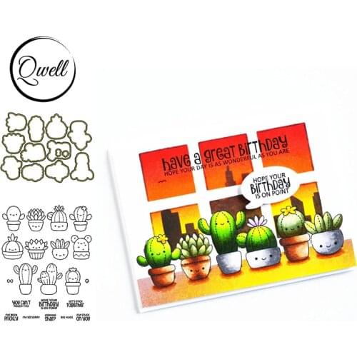 QWELL Cactus Plants Metal Cutting Dies And Clear Stamps Words Sentences DIY Scrapbooking Craft Paper Cards Making Template 2020
