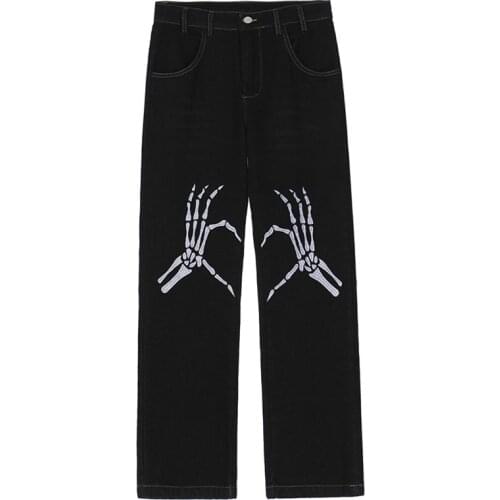 EukaaRu Skull Embroidery Mens Loose Jeans Streetwear Baggy Jeans Men Fashion Denim Jeans Straight Pants Casual Hip Hop Jeans