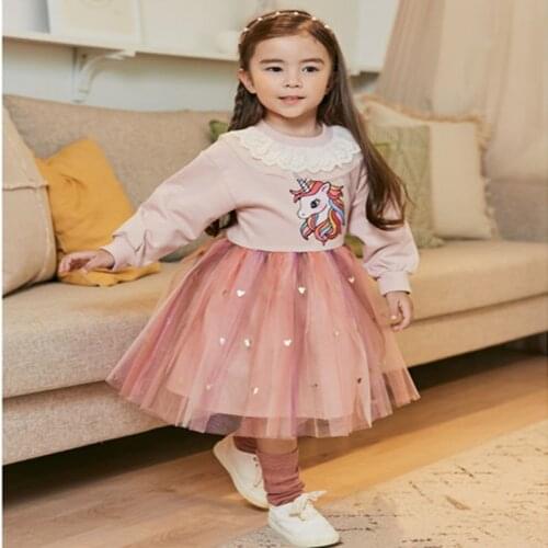 Fall Kids Dress for Girls Fashion Long Sleeve Princess Dress Lace Collar Unicorn Printed Costume Children Mesh Sweatshirt-dress