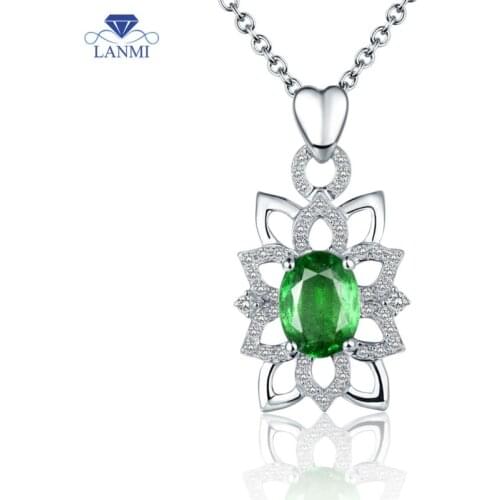 LANMI Pure 14K White Gold Emerald Necklace Pendant Natural Diamond Oval 6x8mm Emerald Gemstone Anniversary Jewelry Gift For Mom