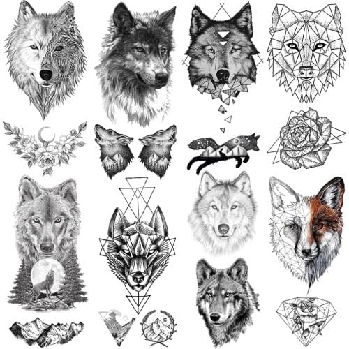 Realistic Wolf Temporary Tattoos For Men Fox Black Coyote Fake Tattoo Flowers Waterproof Mountain Tatoo Body Armbands Geometric