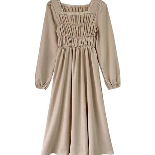 Spring 2021 new female dress lace O-Neck long sleeve dress temperament waist retro midi dress