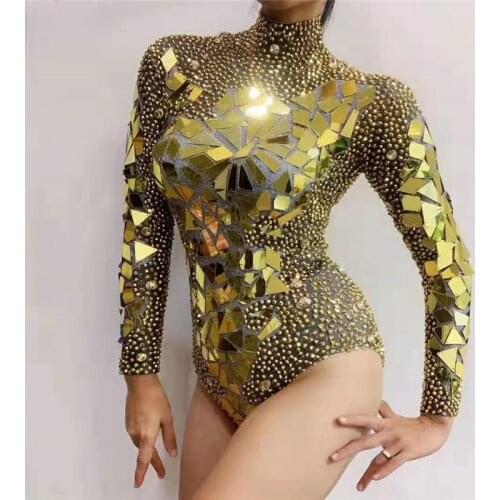 Y88 Singer stage gold mirror costumes party wears bodysuit Jazz female diamonds outfit rhinestone cloth women dress sequins dj