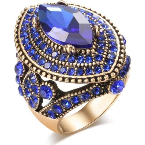 Deep Blue Exaggerated Crystal Rhinestone Statement Chunky Ring for Women Knuckle Finger Adjustable Rings