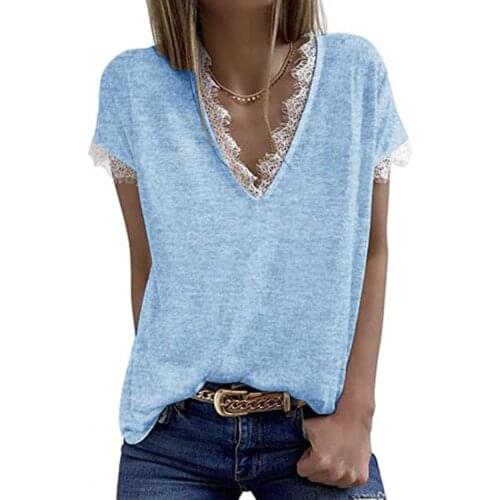 New Stylish Women Harajuku Polyester T-Shirt Lace V Neck Breathable Short Sleeve Women Solid Color Shirt for Summer Tops