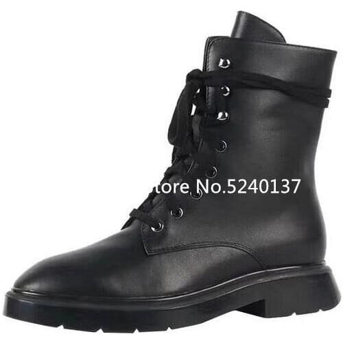 2019 Autumn/Winter Black Genuine Leather Women Mid-calf Boots Round Toe Lace-up Leather/Short Plush Lining Motorcycle Boots