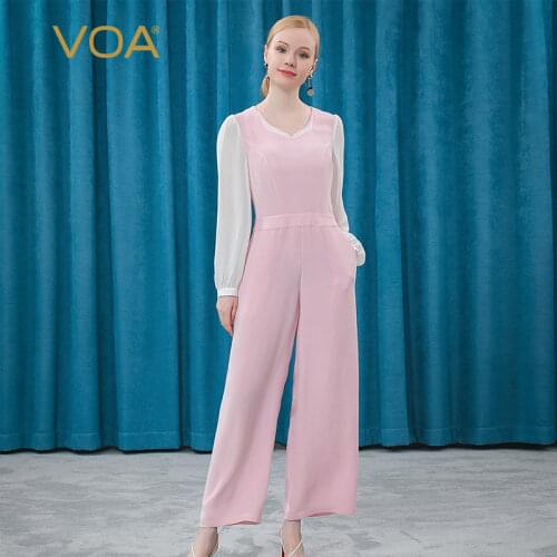VOA 30m/m Silk Peach Heart Collar Georgette Contrast Material Stitching Lantern Sleeve Pink Waist Closing Ladies' Jumpsuit KE211