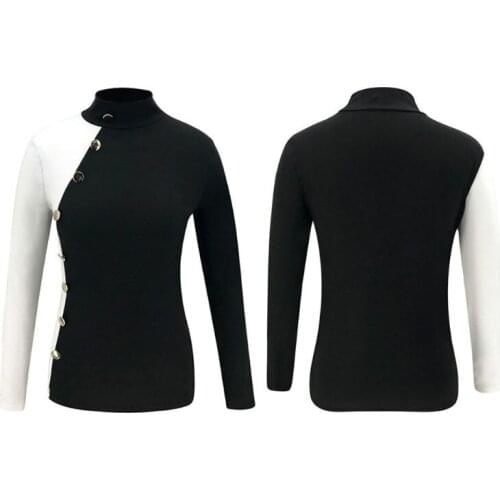 Women Autumn Long Sleeve Bodycon Pullover Tops Color Block Patchwork Turtleneck Side Buttons Decor Office Blouse Streetwear