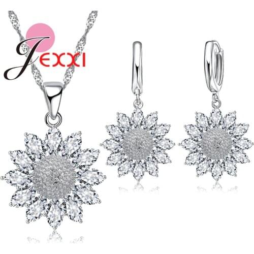 Vintage Sunflower Cubic Zircon Wedding Engagement Silver Jewelry Sets Fashion Pendant Necklaces Set For Women