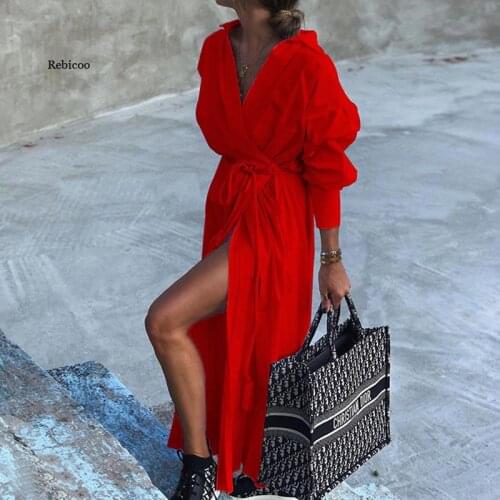 Spring Autumn Women Sexy Deep V Neck Belted Party Dress Elegant Turn-Down Collar Split Maxi Dress Long Sleeve Pure Long Dresses