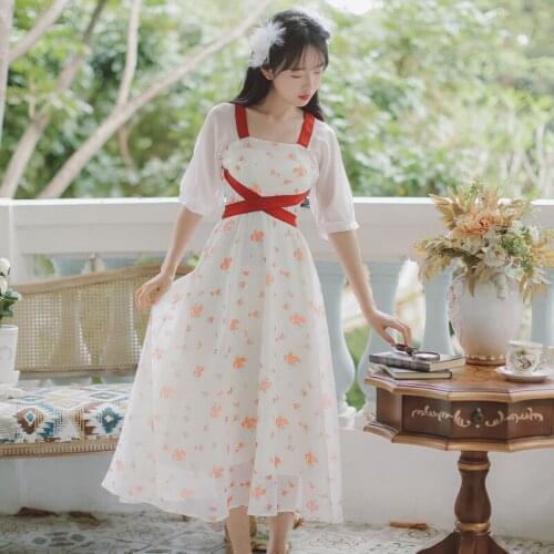 Sweet Retro Floral Fairy Dress Women 2021 Summer Vestido French Romantic Bowknot Square Neck Elegant Chic Ladies Gentle Dresses
