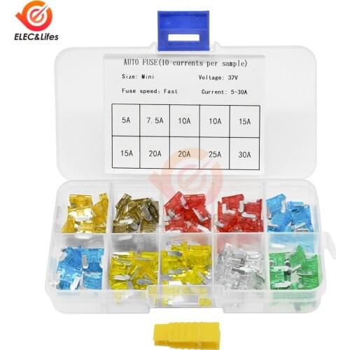 100Pcs/set Mini Blade Fuse Car Automotive Fuses Assortment Kit With Box Clip 5A 7.5A 10A 15A 20A 25A 30A AMP Auto Truck Fuse