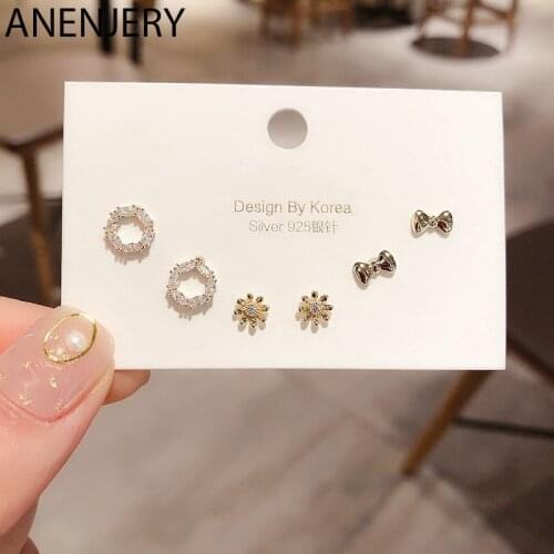 ANENJERY Dainty Gold Silver Color Circle Flower Bowbnot Stud Earrings Set Cubic Zircon Earrings For Women 6-piece S-E1154
