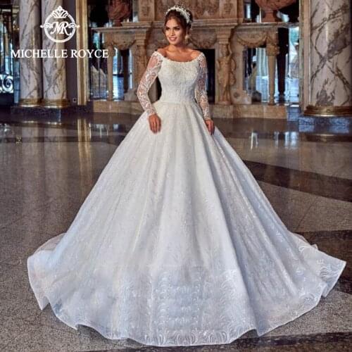 Michelle Royce Ball Gown Wedding Dresses 2020 Scoop Appliques long Sleeve Lace Up Palace Dream Bridal Gowns Vestido De Noiva