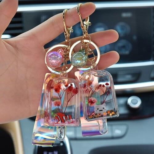 Cartoon Fruit Ice Cream Keychain Liquid Quicksand Sequin Keyring For Women Bag Pendant Strawberry Pineapple Avocado Key Chains