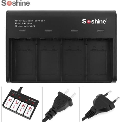 Black 4 Slots Smart Battery Charger with LED Indicator Charging Adapter for 9V Li-ion Ni-MH LiFePO4 Rechargeable Batteries
