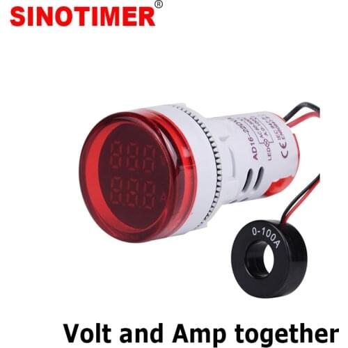 Dual LED Display Voltage Current Meter 22mm Hole Size Round AC 60-100V 6-100A Multimeter Digital Voltmeter Ammeter
