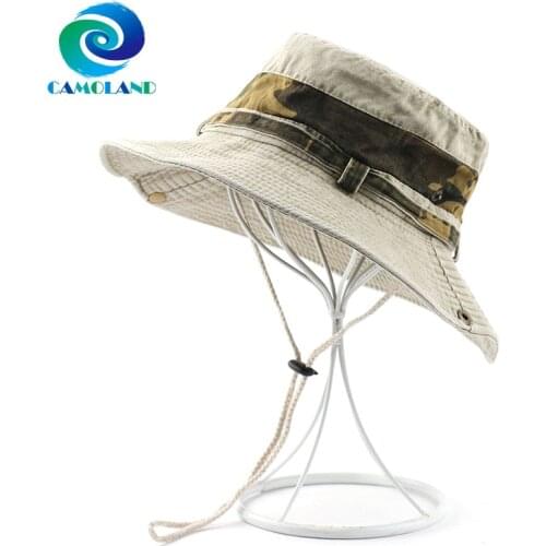 CAMOLAND Women Men Summer UPF 50+ Sun Hats Cotton Camouflage Bucket Hat Outdoor UV Protection Hiking Fishing Boonie Caps