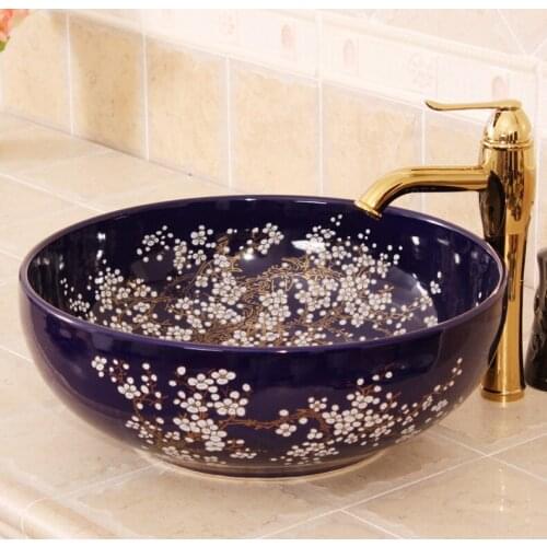 China Painting Sapphire blue golden plum flower Ceramic Painting Round washing basin counter top handmade ceramic wash basins