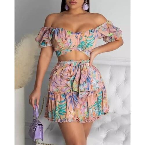 Echoine Floral Print Skirt Set Crop Top Mini Skirt