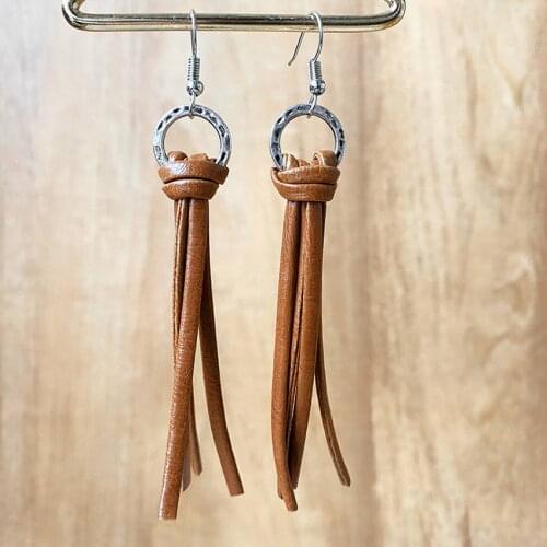 Brown Black PU Leather Tassel Earrings with Vintage Gold Circle 2021 New Arrival Long Style Simple Boho Jewelry Wholesale