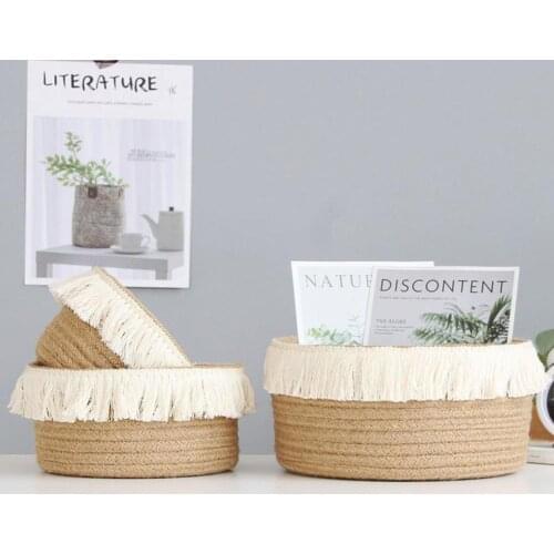 1PC Handmade Round Jute Rope Woven Tassel Storage Basket Container Toy Holder Home Organizer Cosmetics Hamper Home Accessories