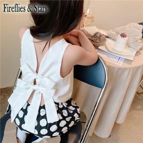 Summer girls 2 pcs set baby vest + bud pants kids suits children fashion clothes back hollow out double bow lacing dot 2 to 9 yr