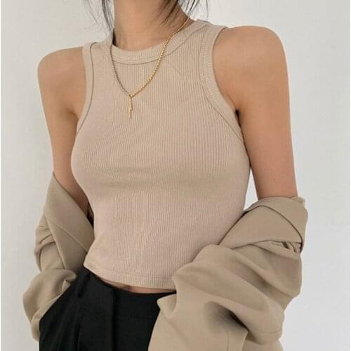 Tank Tops Sexy Crop Vest Summer Solid Color Harajuku Korean Female Off Shoulder Knitted Khaki White Women Tops Casual Streetwear