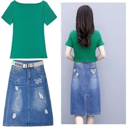 Fashion Tops With Denim Skirt Sets Womens 2020 Summer Elegant British Style Printed Top Temperament Denim Skirt Suit Women Z853