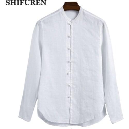 SHIFUREN 100% Pure Linen Shirts Men Stand Collar White Causal Male Dress Shirts Soft Breathable Long Sleeve Tops Single Breasted