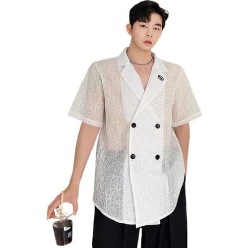 Mens Net Celebrity Double-breasted Translucent Short Sleeve Thin Loose Casual Shirt Blazers Suit Jacket Man Vintage Suit Coat
