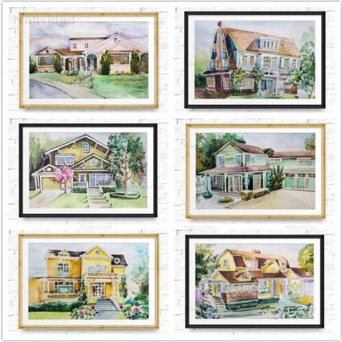 Watercolor Houses Landscape Posters and Prints Wall Art Canvas Painting Pictures for Living Room Home Decoration Without Frame