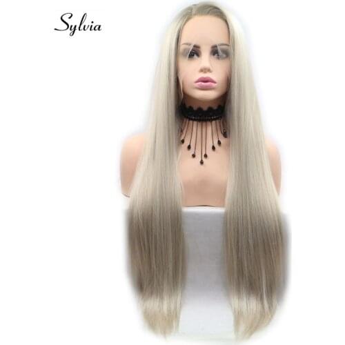Sylvia Blonde Synthetic Lace Front Wigs With Brown Roots Long Silky Straight Wigs For Women Heat Resistant Fiber Side Parting