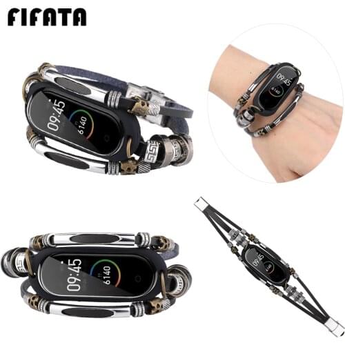 FIFATA For Xiaomi Mi Band 4 Retro Alloy Round Shape Leather Replacement Wristband For Xiaomi Mi Band 3 Smart Bracelet Watch Band