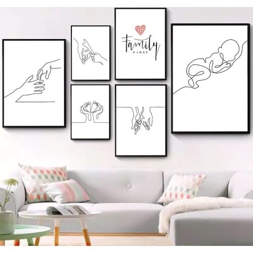 Happy Family Canvas Painting Art Hand Drawn Lines Love Baby Nordic Posters For Kids' Nursery Room Decor Wall Art