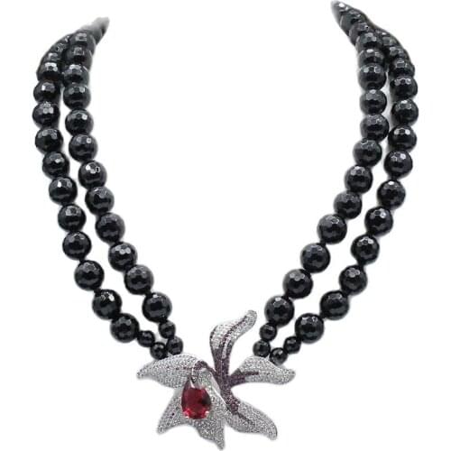 GuaiGuai Jewelry 18"-19'' 2 Strands Black Round Onyx Necklace Red Crystal CZ Flower Pendant For Women