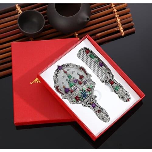 Make Up Mirror Chinese Vintage Hollow-out Carving Rhinestone Mirror Comb Set with Gift Box Elegant Pocket Mirror for Women