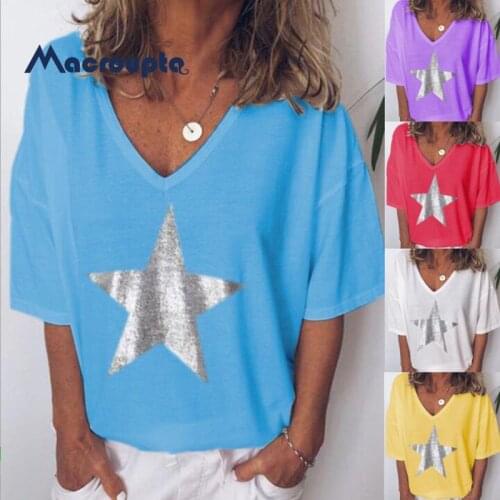 2020 T Shirt Women Sequins V-Neck Five-pointed Star Tops New Fashion Tees Female Short Sleeve Street Ladies Plus Size Code S-3XL