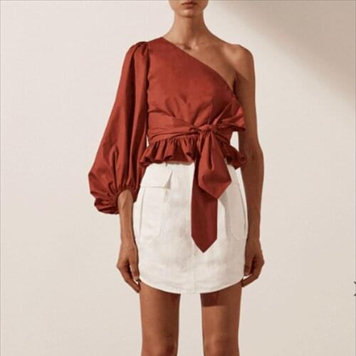 2021 Za womens fashion bow Ruffle blouse Vintage one shoulder Lantern Sleeve womens shirt fashion top