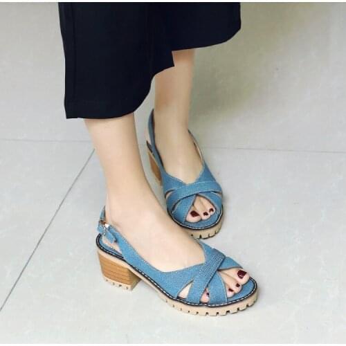 PXELENA Blue Denim Singbacks Sandals Womens Jeans Chunky Block High Heels Denim Sandals Peep Toe Retro Rome Shoes 2018 Plus Size